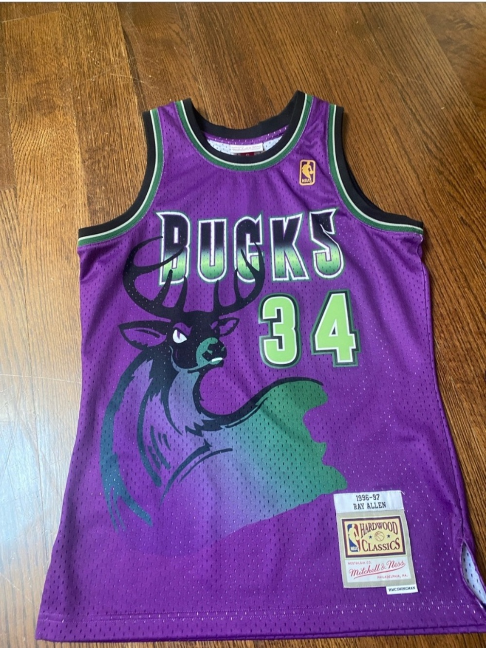 Mitchell & Ness Purple and Green Milwaukee Bucks #34 Jersey
